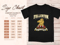 Comfort Colors 1717 size chart in inches with a black Fullerton clan crest T-shirt preview