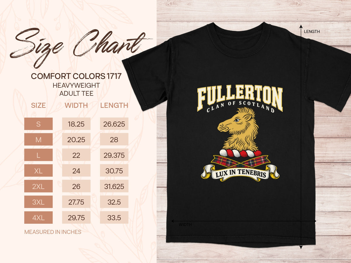 Comfort Colors 1717 size chart in inches with a black Fullerton clan crest T-shirt preview