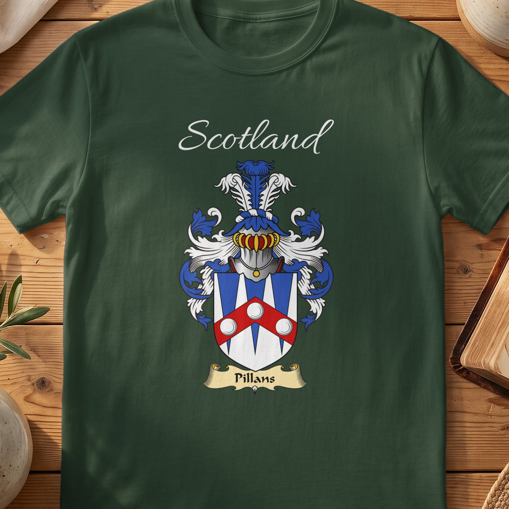 Forest Green Pillans Scottish T-shirt laid flat with coat of arms artwork and “Scotland” text.