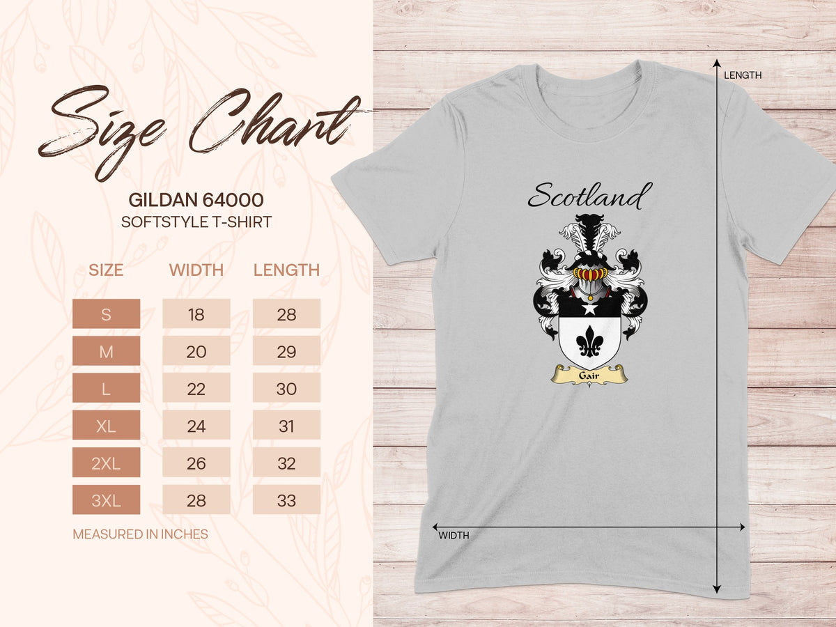 Gildan 64000 size chart for the Gair unisex T-shirt, sizes S to 3XL