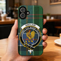 Clan Sinclair tartan phone case — glossy edge-to-edge rooster crest print, iPhone shown