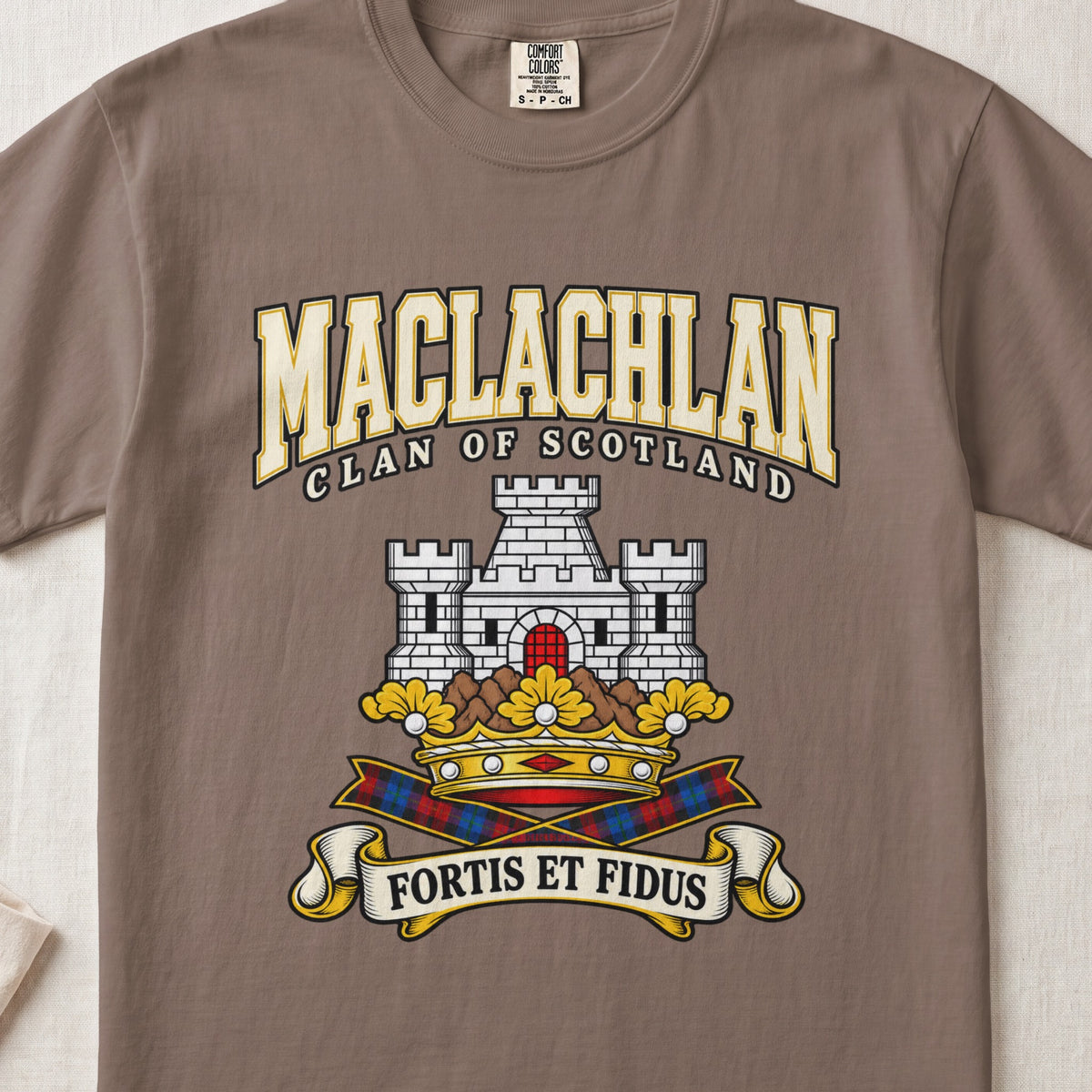 MacLachlan Scottish clan graphic T-shirt in Espresso, front view