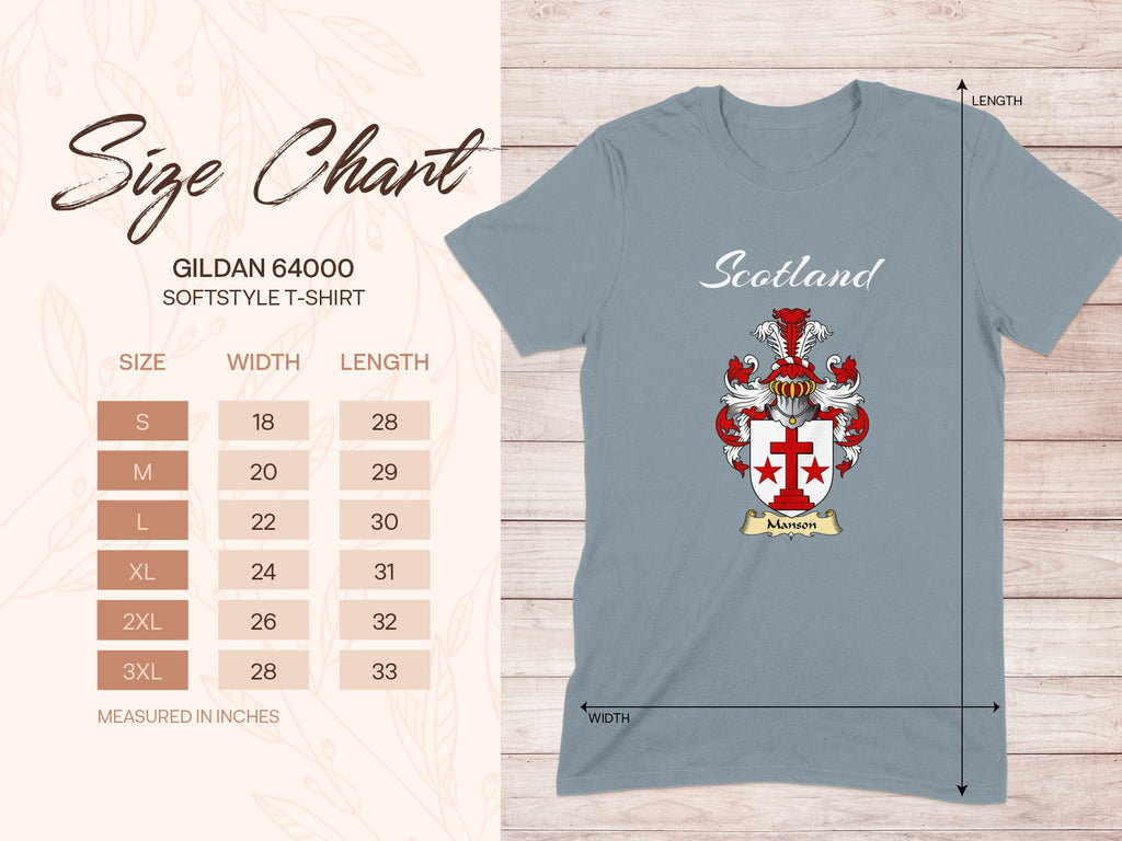 Gildan 64000 size chart for Manson Scottish family shield T-shirt