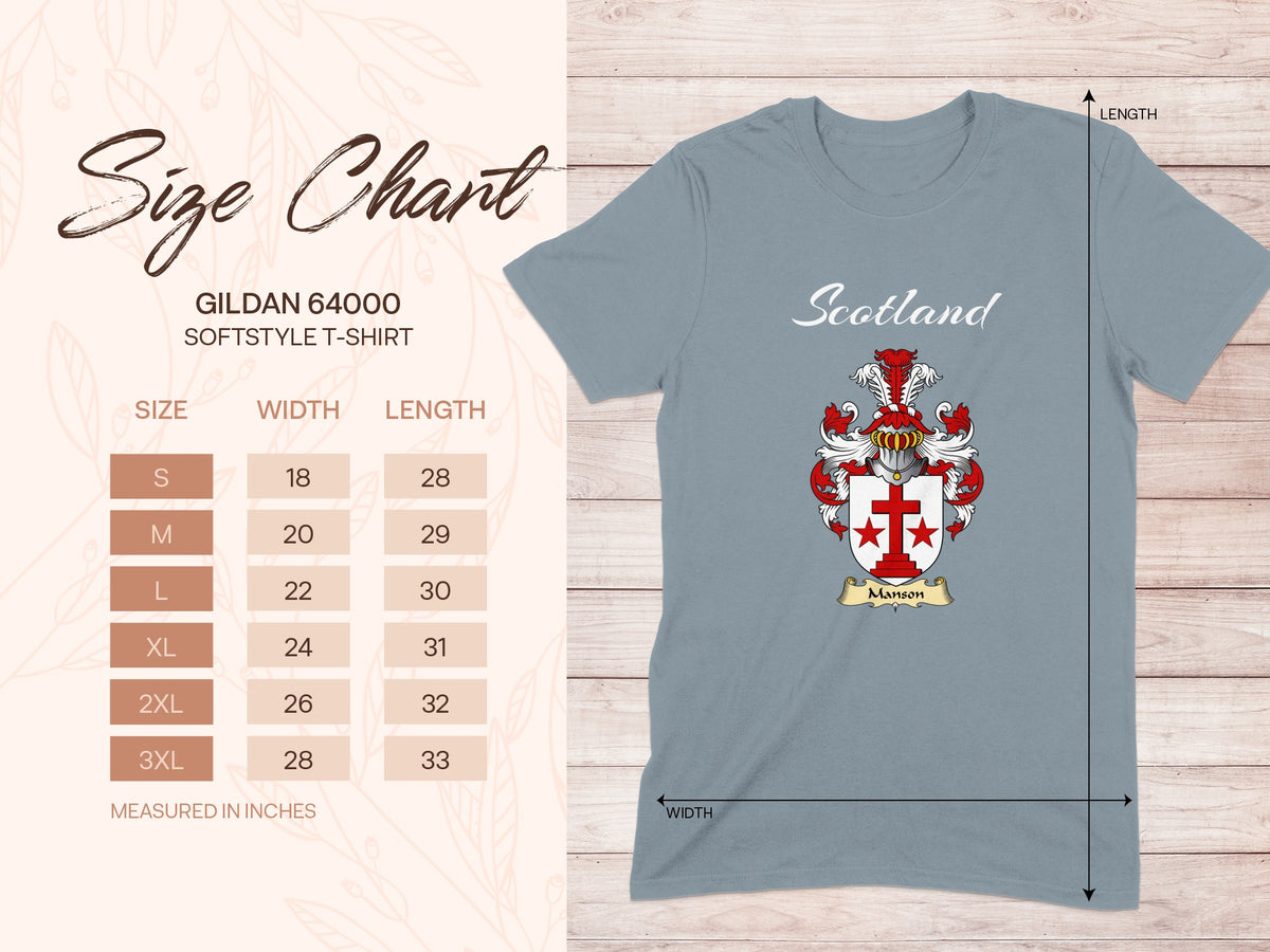 Gildan 64000 size chart for Manson Scottish family shield T-shirt