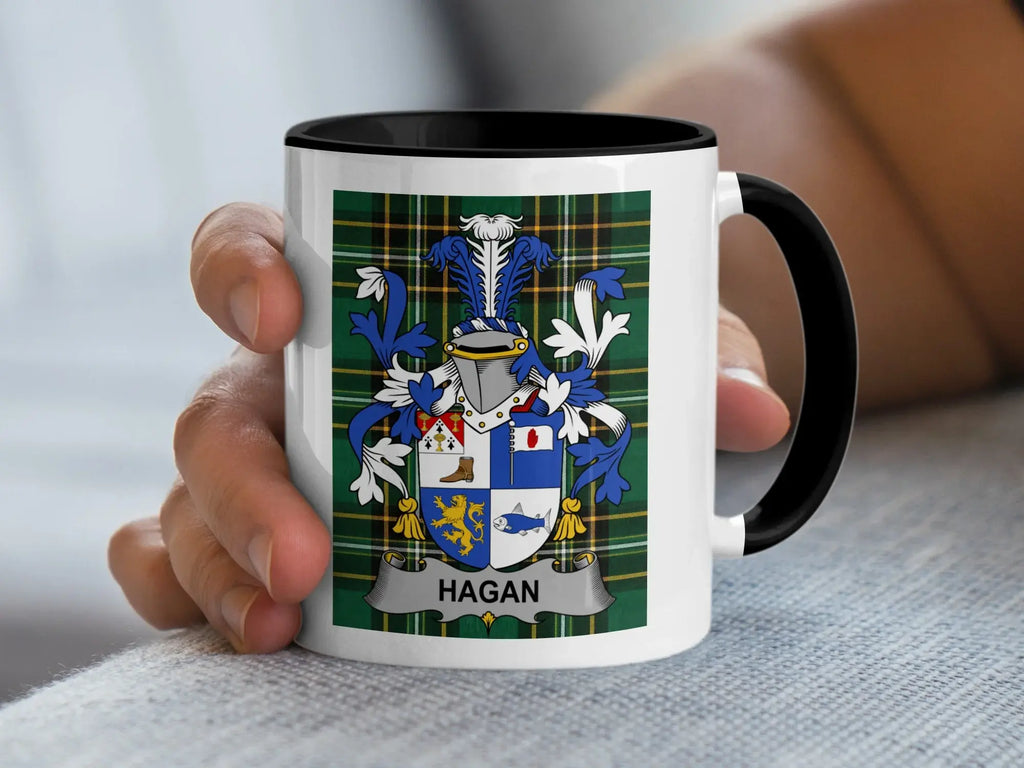 Hagan Irish heritage mug with black handle and family crest