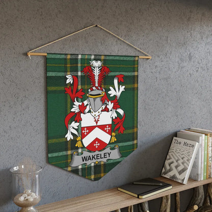 Wakeley Family Crest Plaque on Tartan Background banner