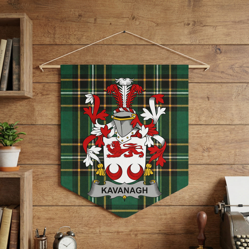 Kavanagh family crest on a green tartan banner against a wood panel wall.