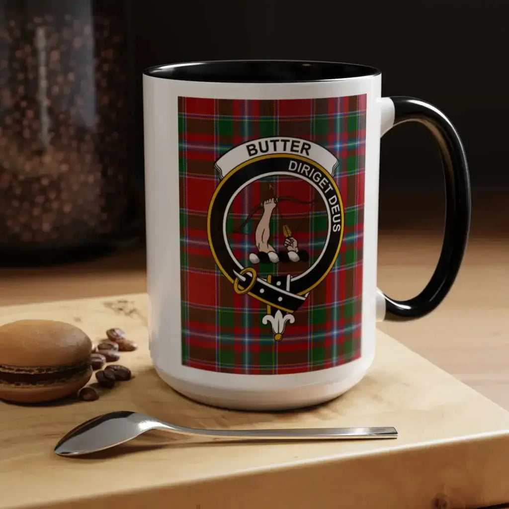 Clan Butter tartan mug — black handle, 15 oz ceramic