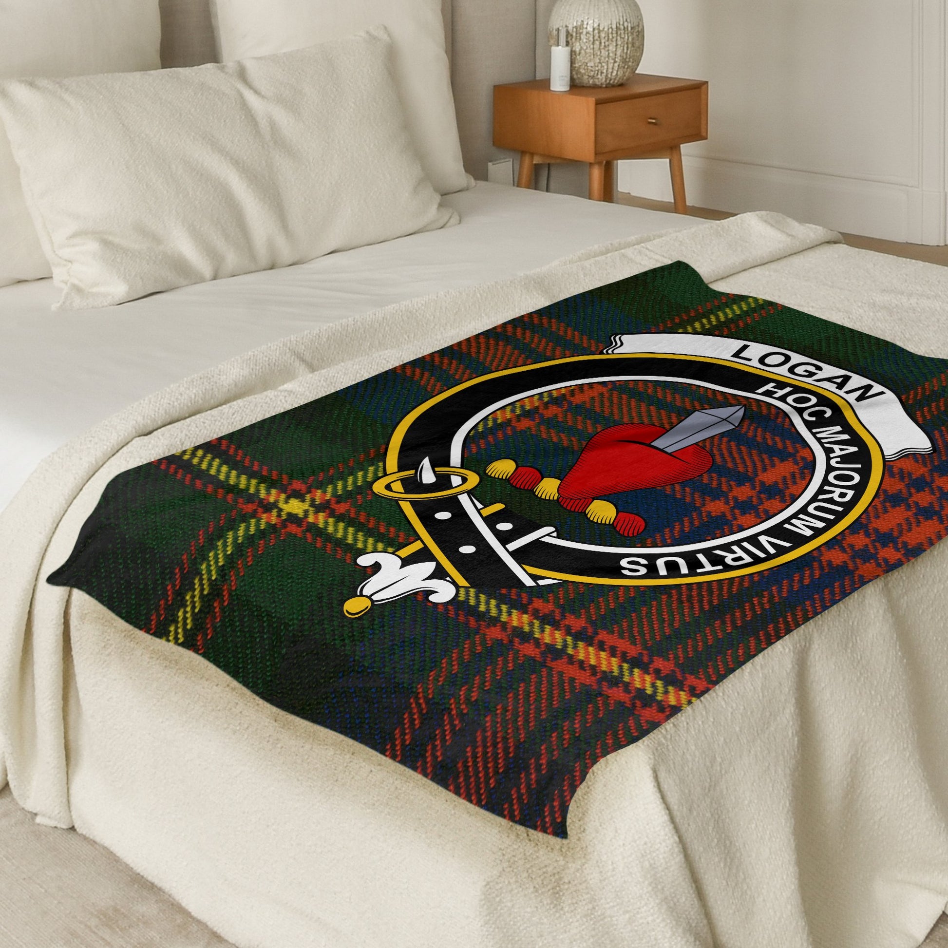 Logan Clan Logo Green Tartan Scottish Clan Blanket - Living Stone Gifts