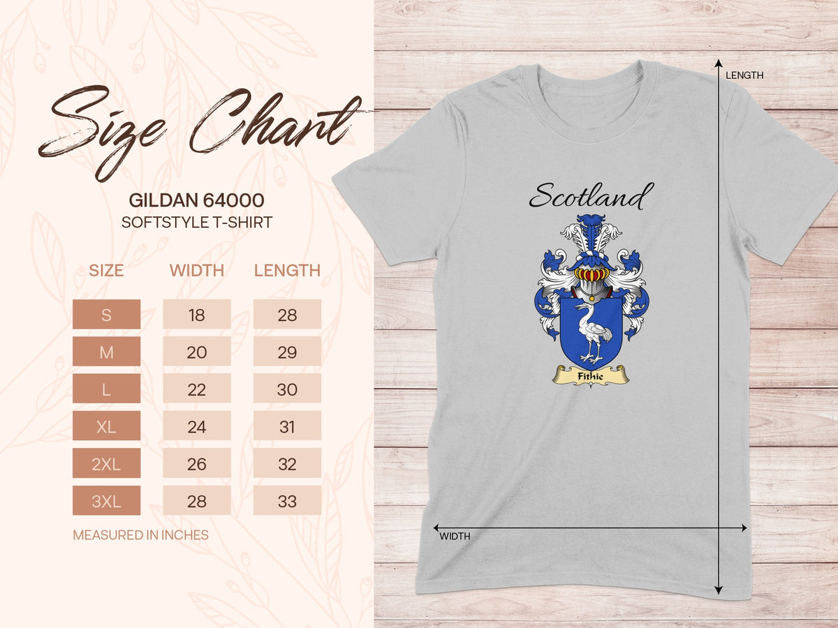 Gildan 64000 size chart for the Fithie unisex T-shirt, sizes S to 3XL