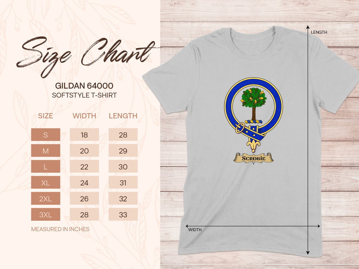 Gildan 64000 size chart for Scrobie Scottish clan crest T-shirt