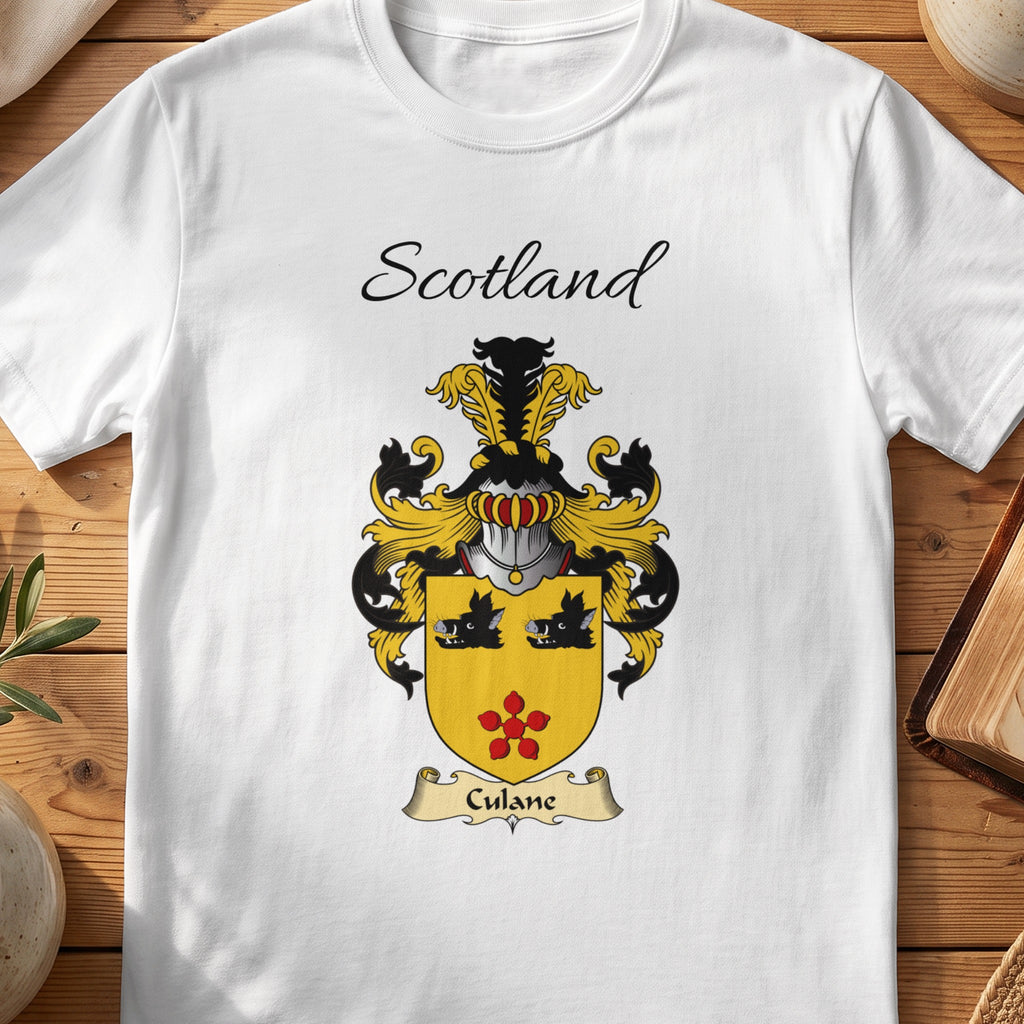 White Culane Scottish family shield T-shirt featuring two black boar heads above a red flower