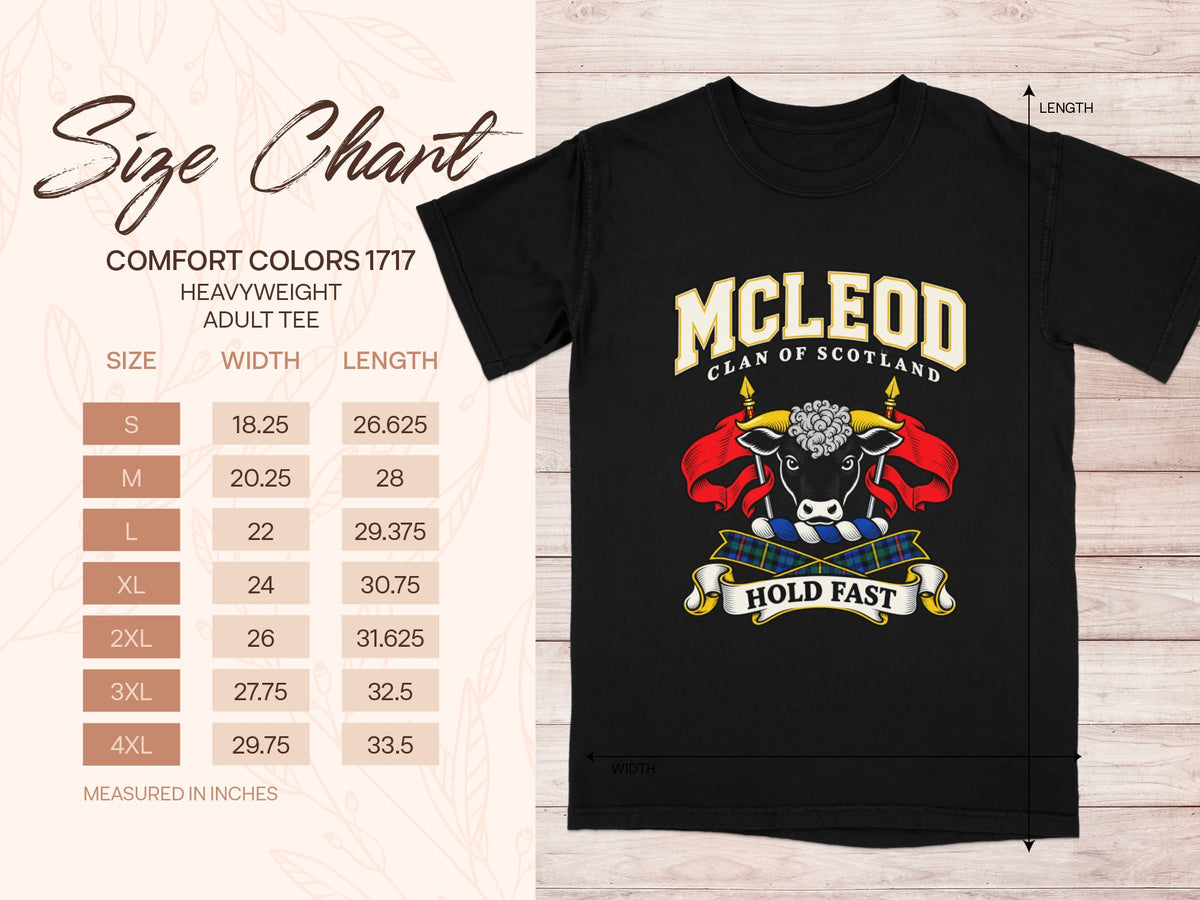 Comfort Colors 1717 size chart with shirt width and length in inches for sizes S to 4XL, beside the McLeod design.