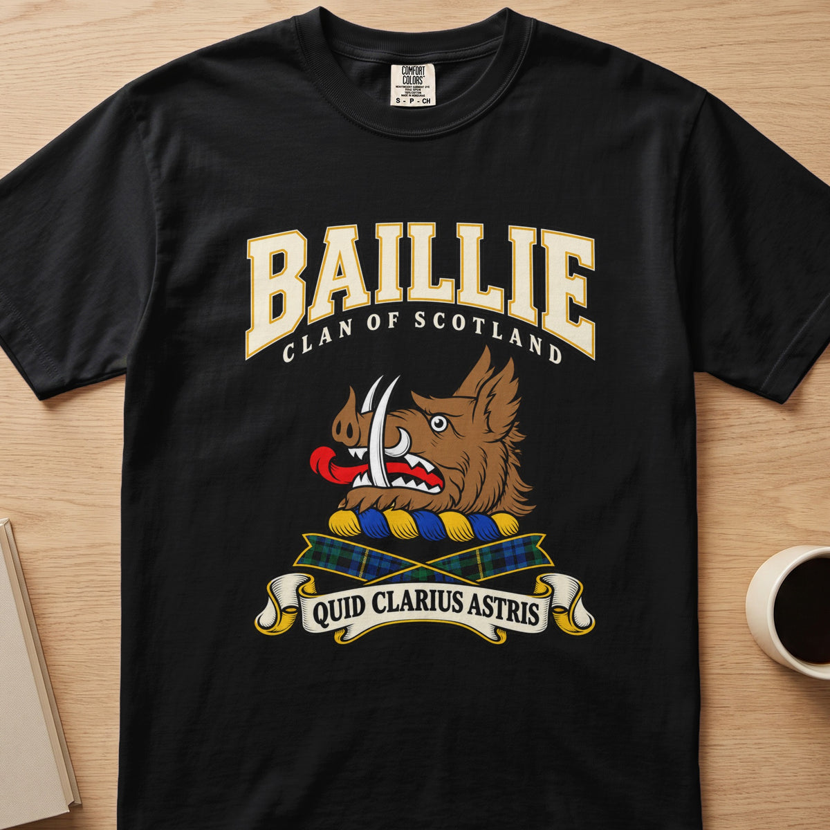 Baillie brown boar’s head with white tusks graphic on a black Comfort Colors T-shirt, front view