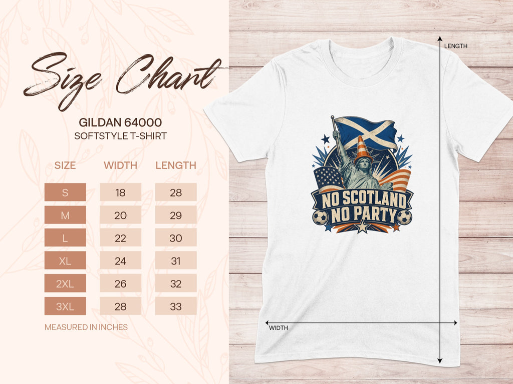 Gildan 64000 Softstyle t-shirt size chart with graphic of Statue of Liberty holding flags.