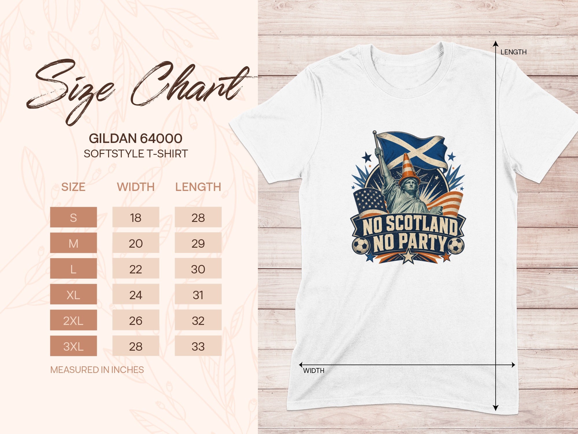 Gildan 64000 Softstyle t-shirt size chart with graphic of Statue of Liberty holding flags.