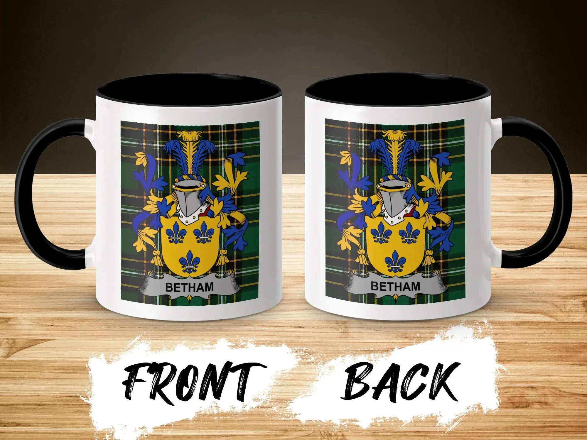 Two mugs displaying a coat of arms with the name "Betham".