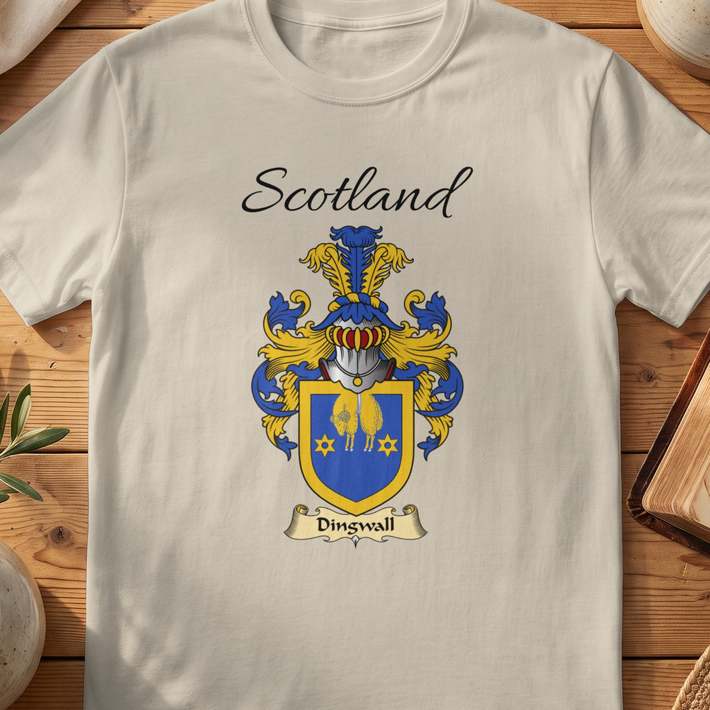 Sand Dingwall Scottish family shield T-shirt featuring a gold border and gold motifs on blue