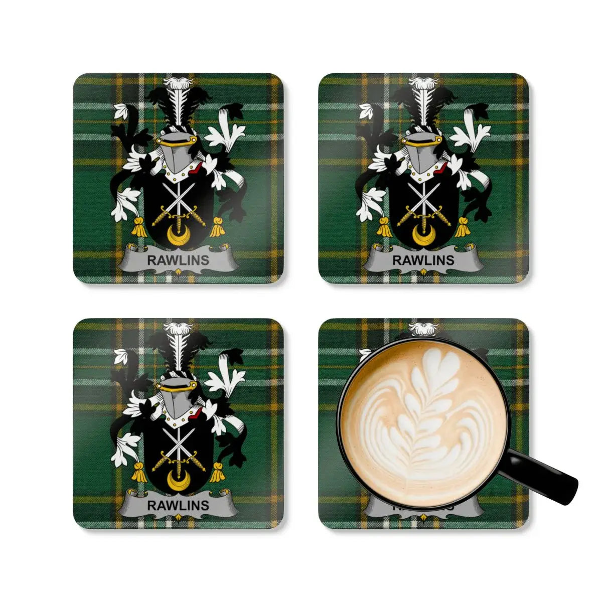 Rawlins Family Crest Green Plaid Design Coaster Set product type