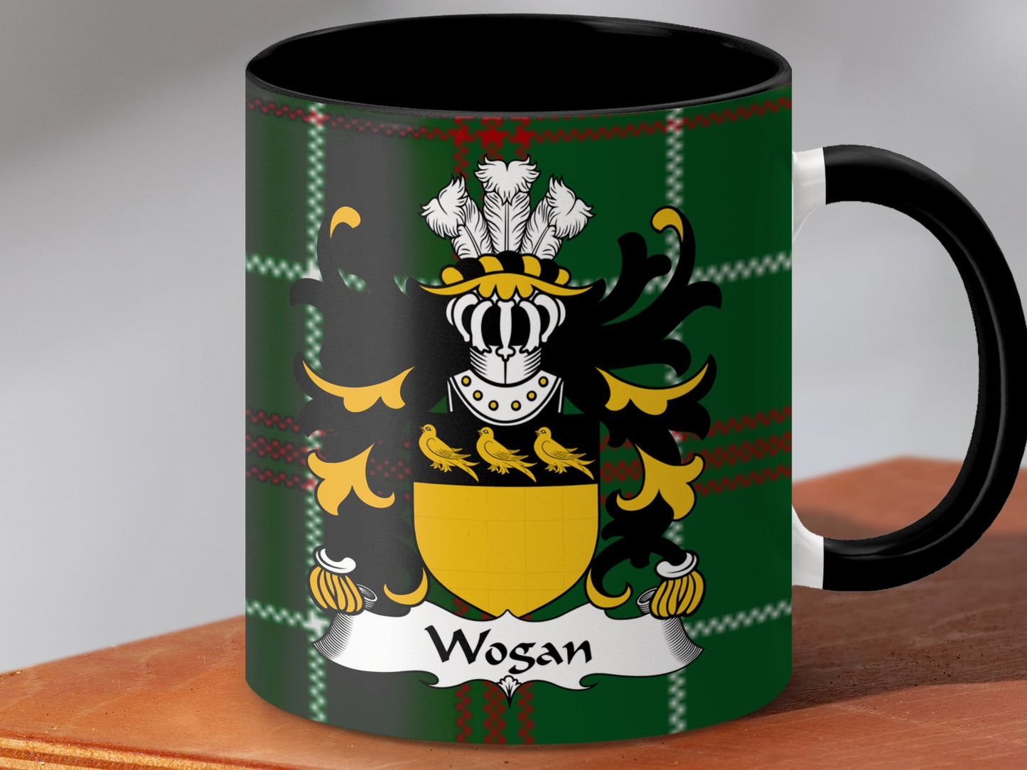 Wogan Welsh Surname Coat of Arms Tartan Background Mug - Living Stone Gifts