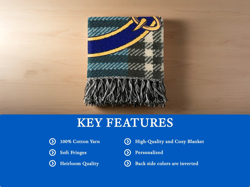 Clan Napier heritage blanket — woven fringe finish, 60x50 size shown