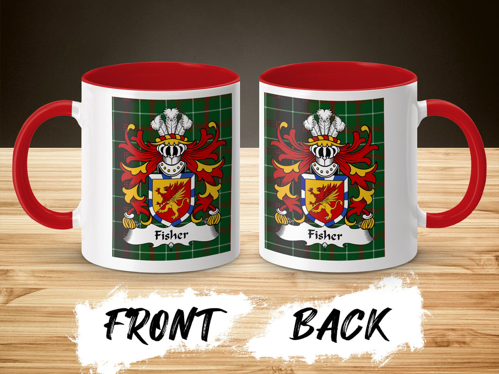 Two white mugs with red handles and interiors display the "Fisher" family crest on a tartan background.