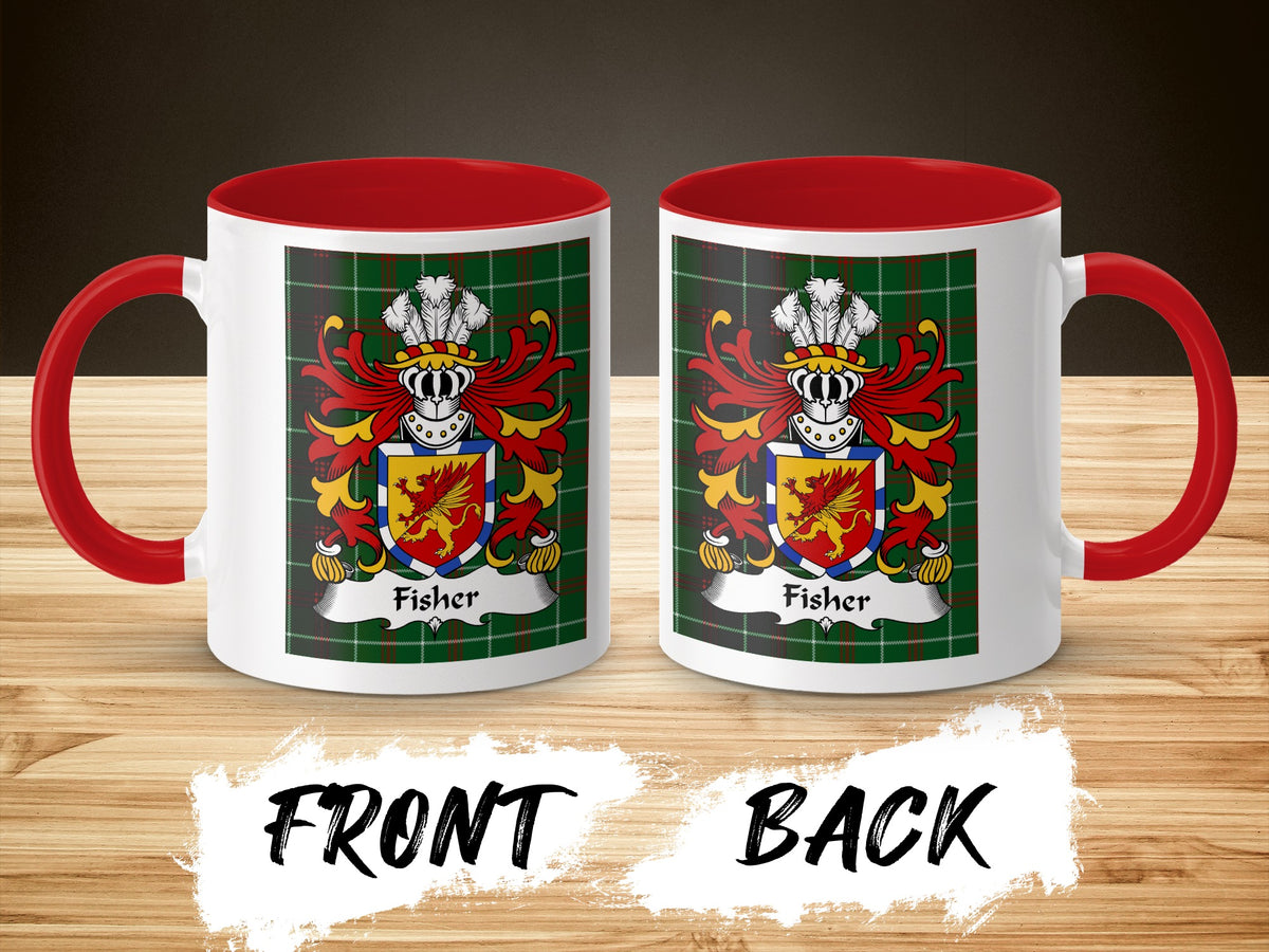 Two white mugs with red handles and interiors display the "Fisher" family crest on a tartan background.