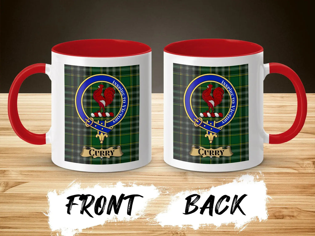 Curry tartan-background crest mug shown as a Scottish heritage gift