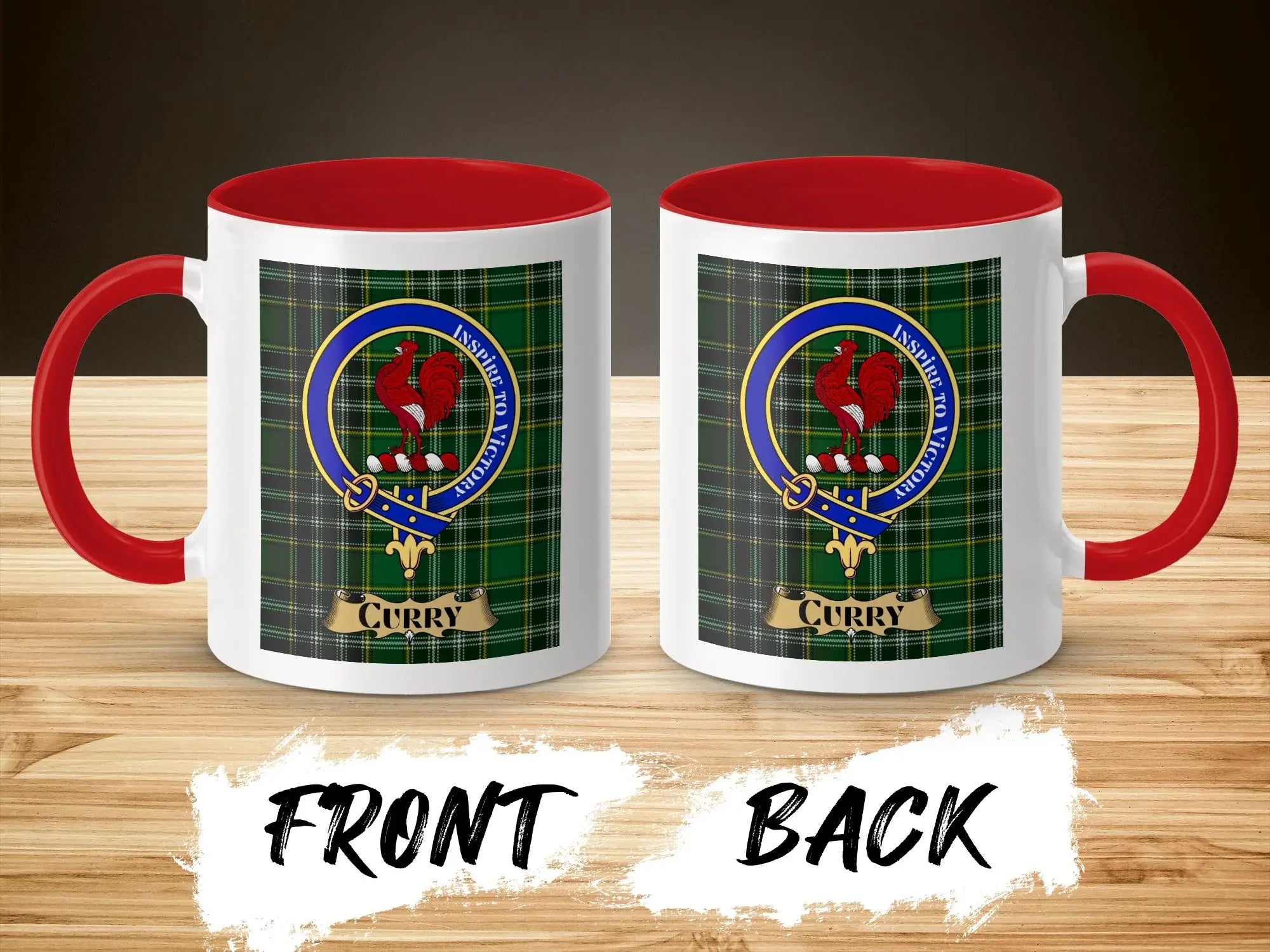 Curry tartan-background crest mug shown as a Scottish heritage gift