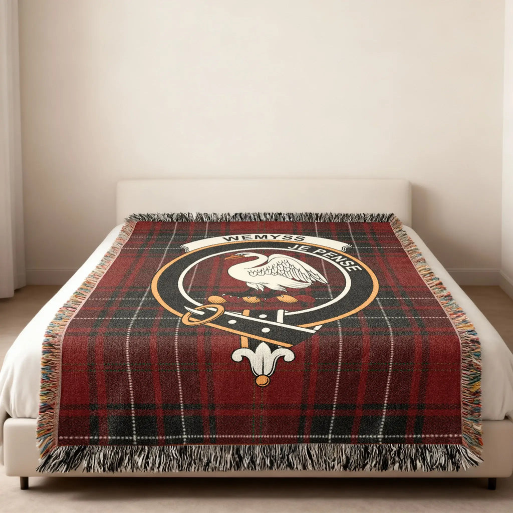 Wemyss je pense tartan woven blanket with swan crest — full view