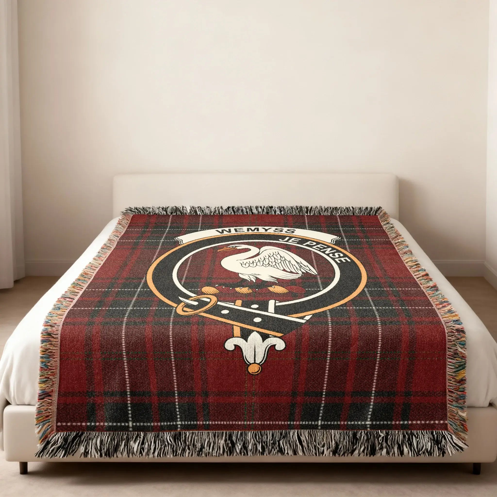 Wemyss je pense tartan woven blanket with swan crest — full view