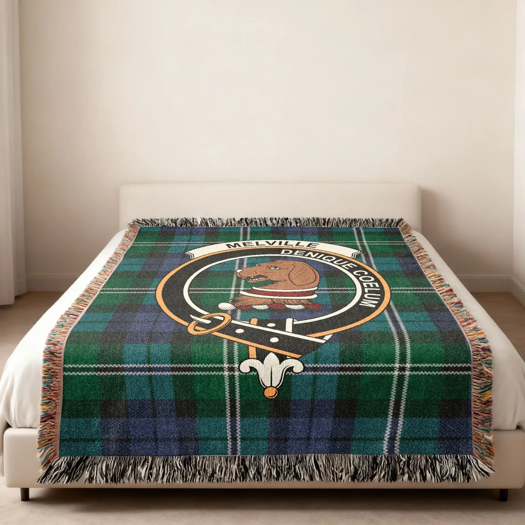 Clan Melville heirloom woven throw — tartan and crest woven in, not printed, natural cotton feel