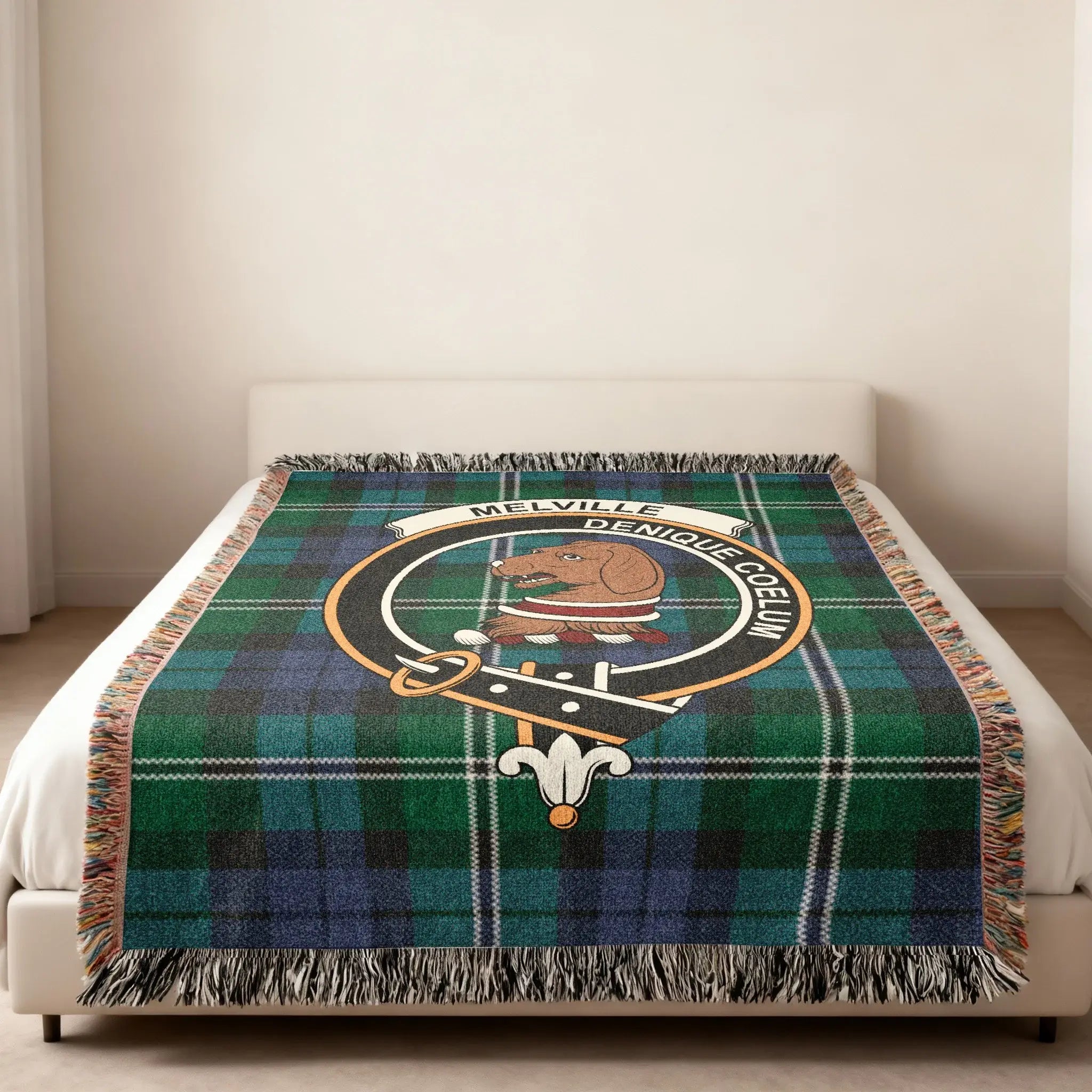 Clan Melville heirloom woven throw — tartan and crest woven in, not printed, natural cotton feel