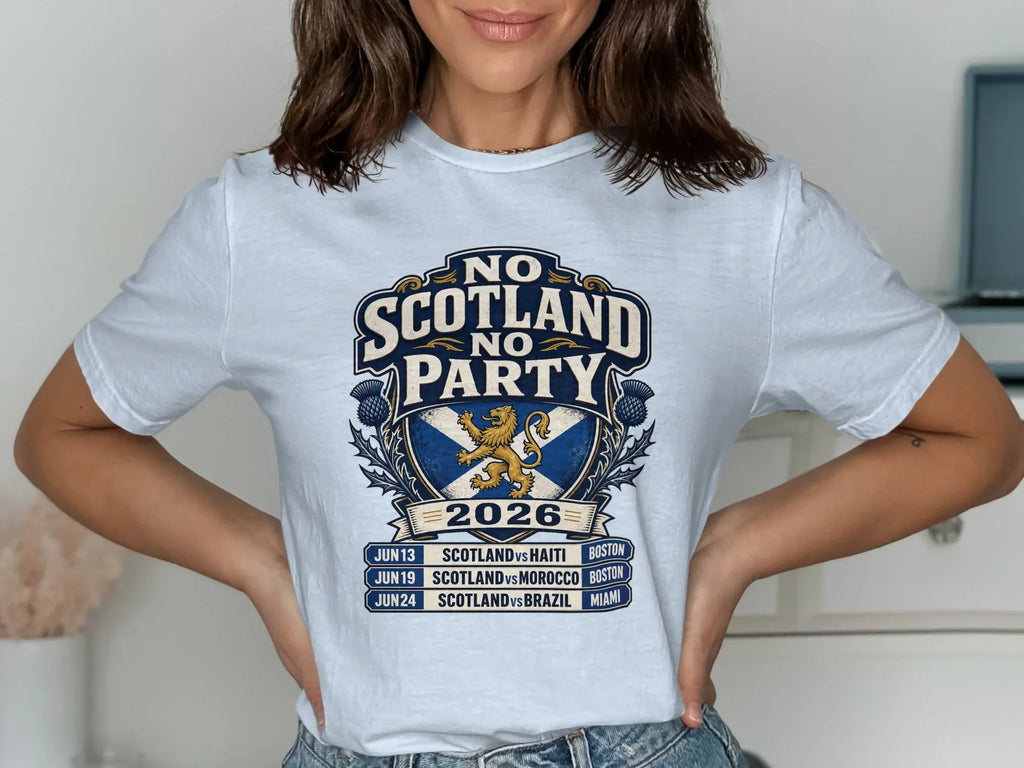 White t-shirt with "No Scotland Party 2026" and match schedule.