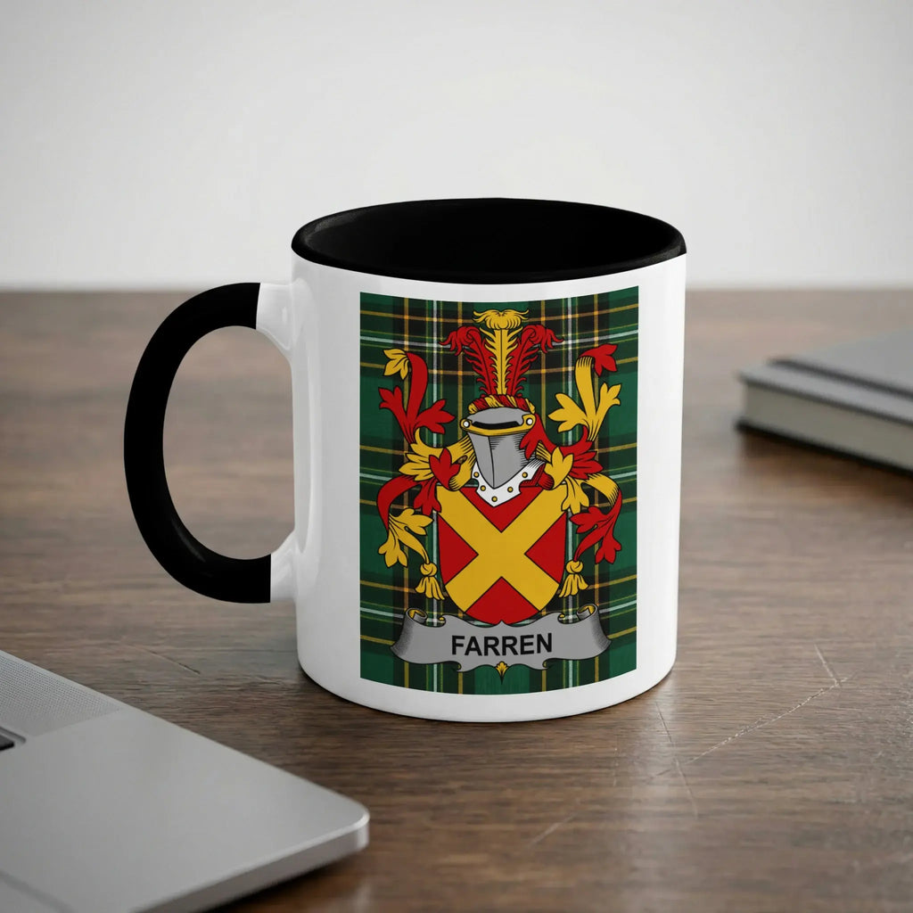 White mug with black handle displaying the Farren family crest with a yellow and red shield.
