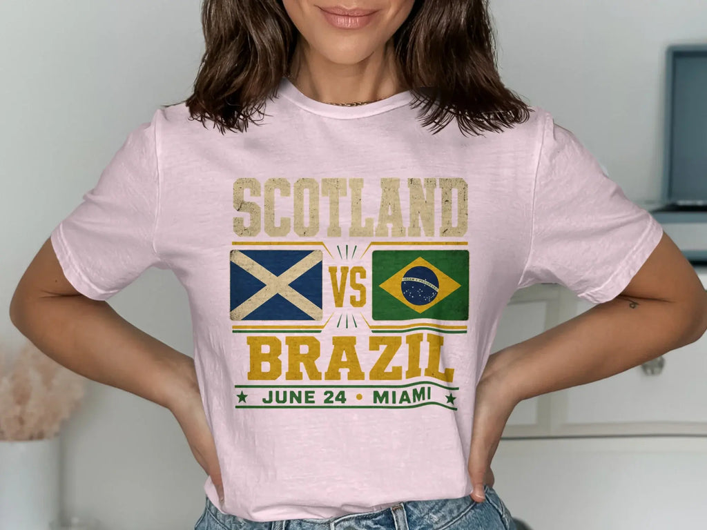 Scotland vs. Brazil June 24 Miami t-shirt with flags.