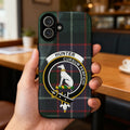 Hunter clan crest tartan phone case — edge-to-edge plaid design with Cursum Perficio greyhound motto