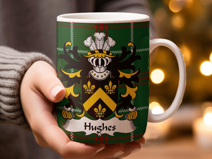 Hughes Surname Coat of Arms on Tartan Background Mug - Living Stone Gifts