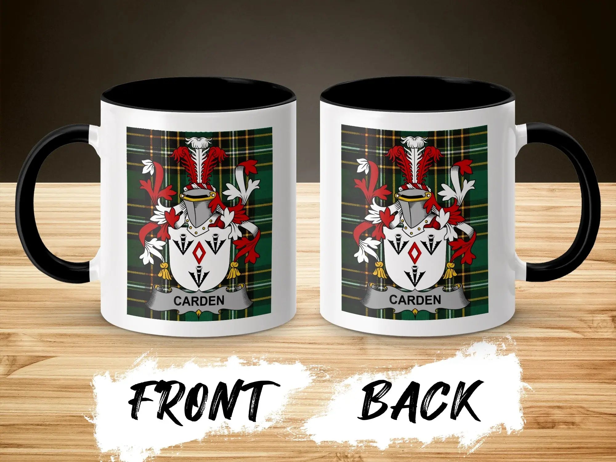White mug with green plaid and "CARDEN" coat of arms on front and back.
