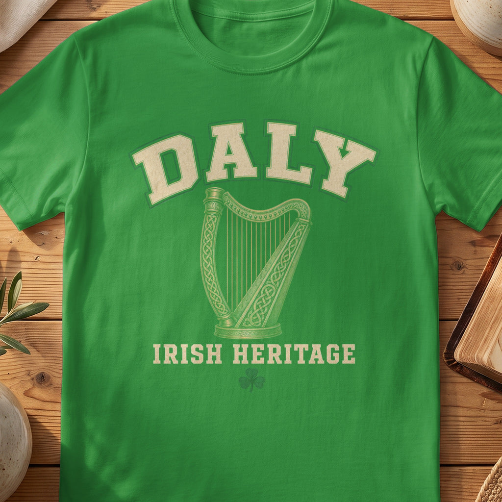 Daly Irish harp T-shirt in Irish Green, with cream surname lettering, a gold-toned harp, green shamrock and “Irish Heritage” text.