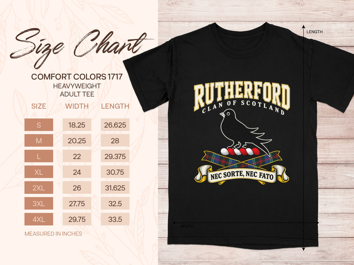 Rutherford Comfort Colors 1717 T-shirt size chart with black shirt illustration