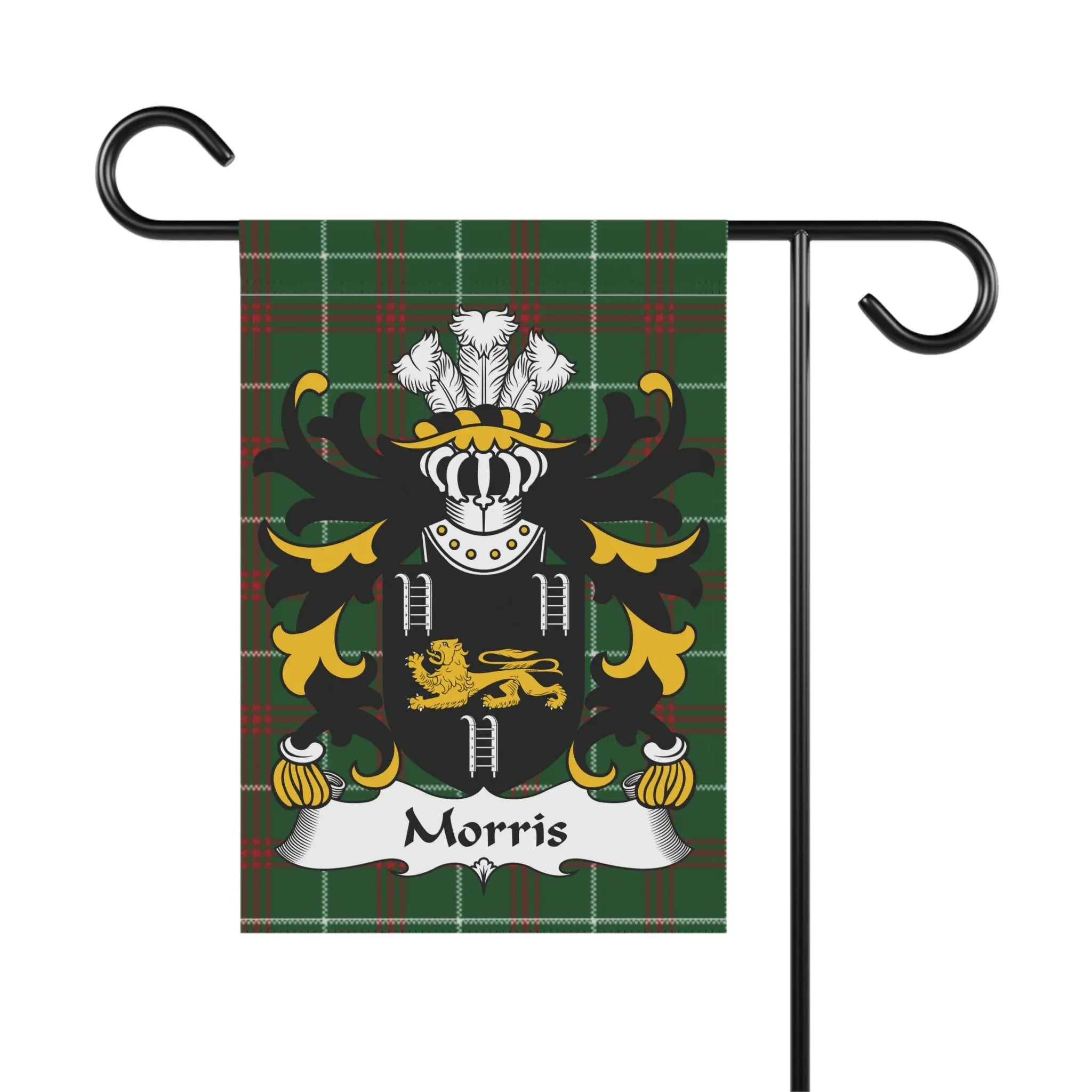 Morris coat of arms with crown, shield, lion, and plaid background on a garden flag.