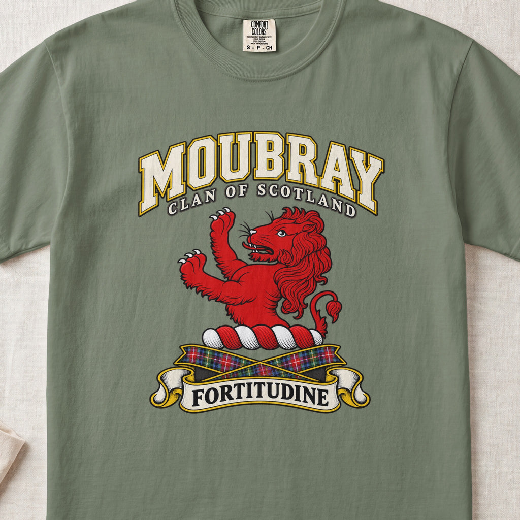 Moubray Scottish clan T-shirt in Moss, front view with a red lion with raised forelegs and motto design.