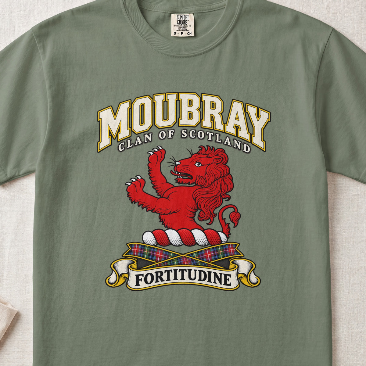 Moubray Scottish clan T-shirt in Moss, front view with a red lion with raised forelegs and motto design.