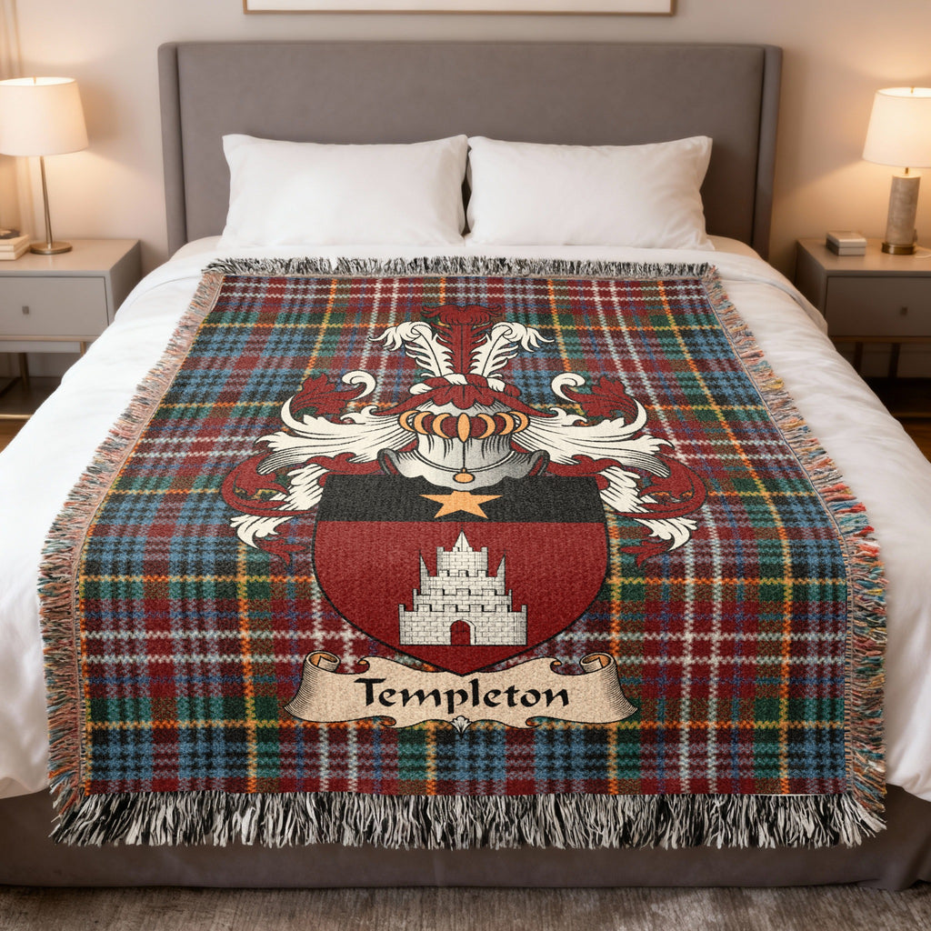 Templeton family crest emblem on a Caledonia tartan woven blanket