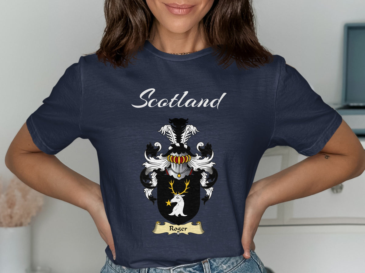 Roger Scottish family shield design on Navy T-shirt