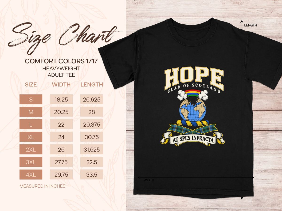 Comfort Colors 1717 size chart in inches with a black Hope clan crest T-shirt preview