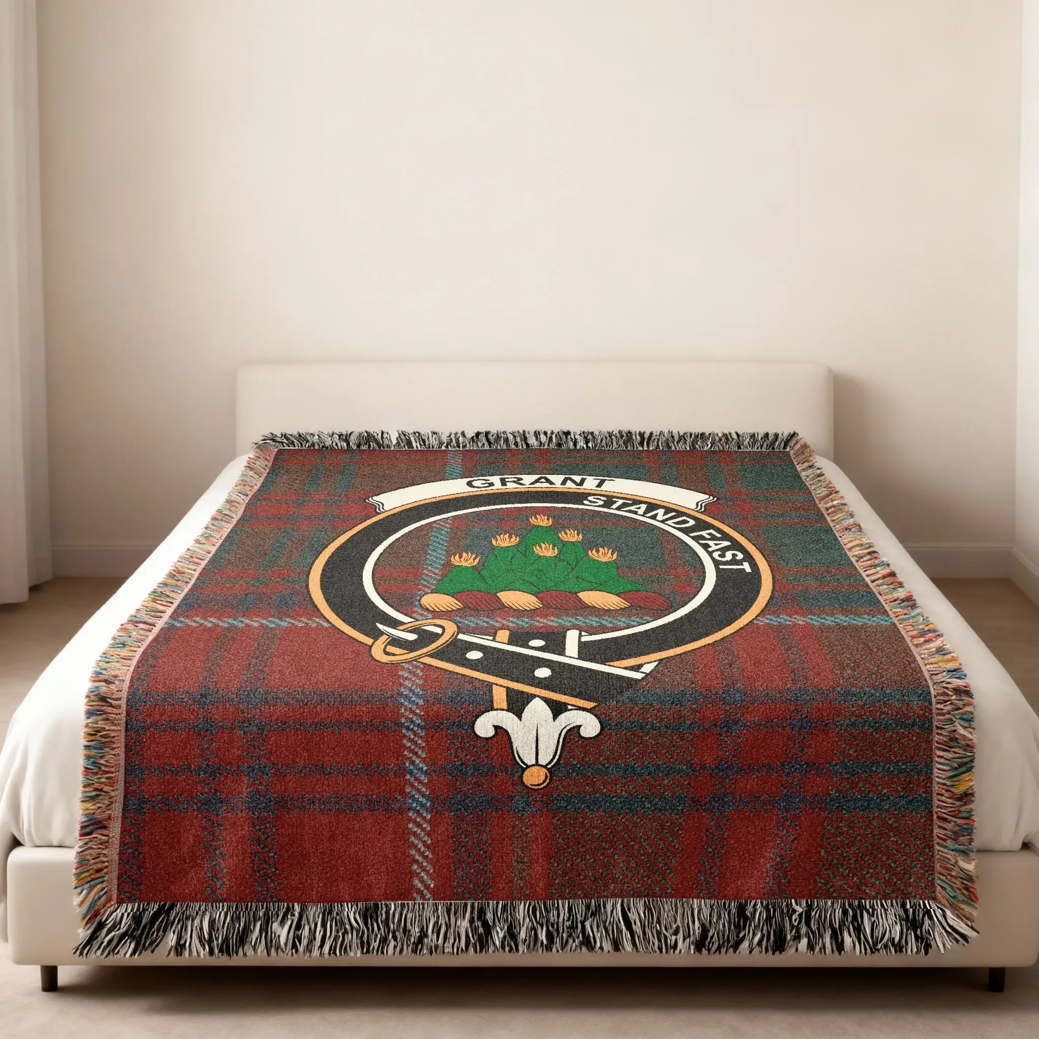 Grant Stand Fast clan crest woven blanket — heraldic design at centre, fringe edge visible