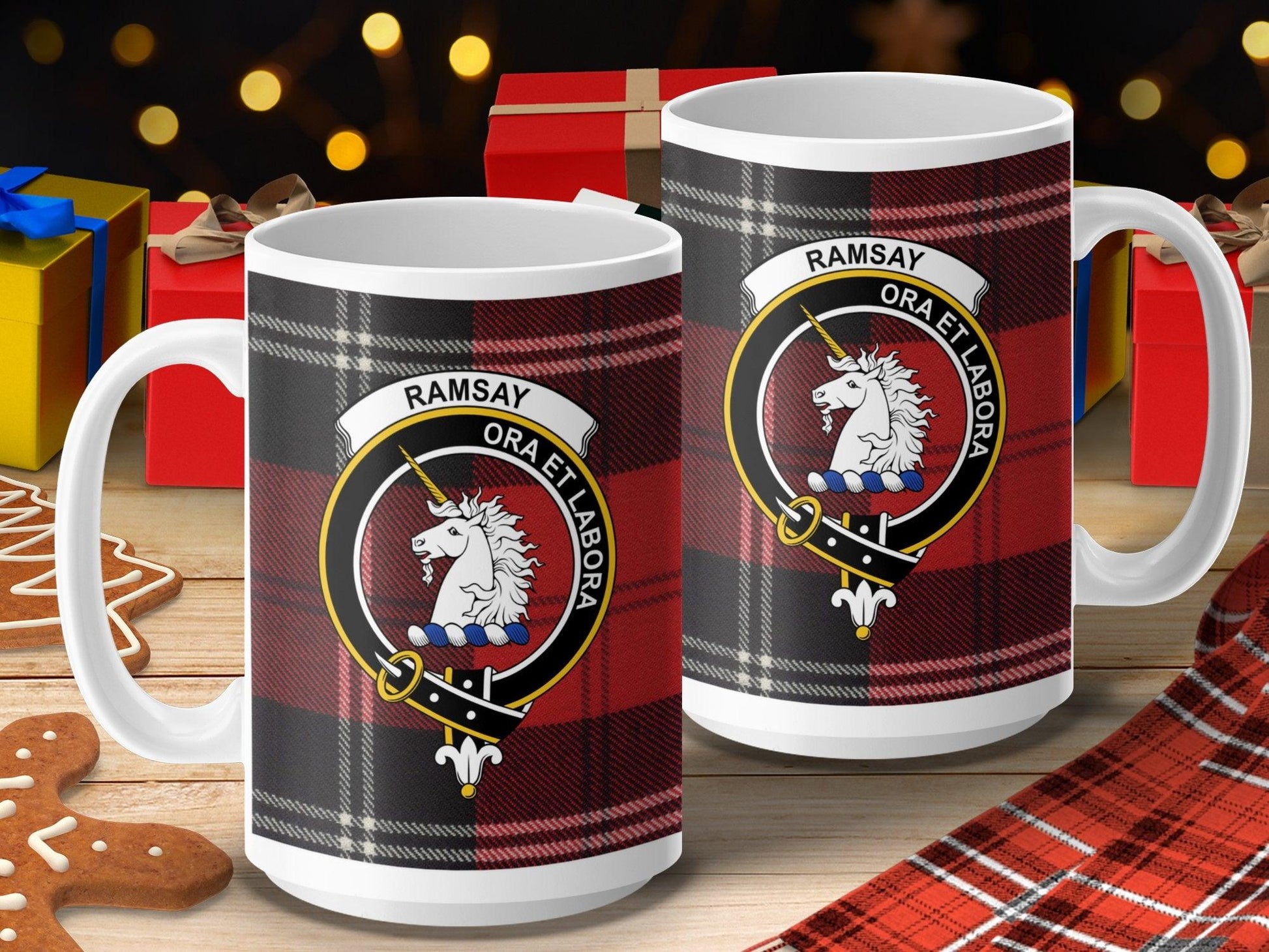 Scottish Clan Ramsay Crest Tartan Ora et Labora Mug - Living Stone Gifts