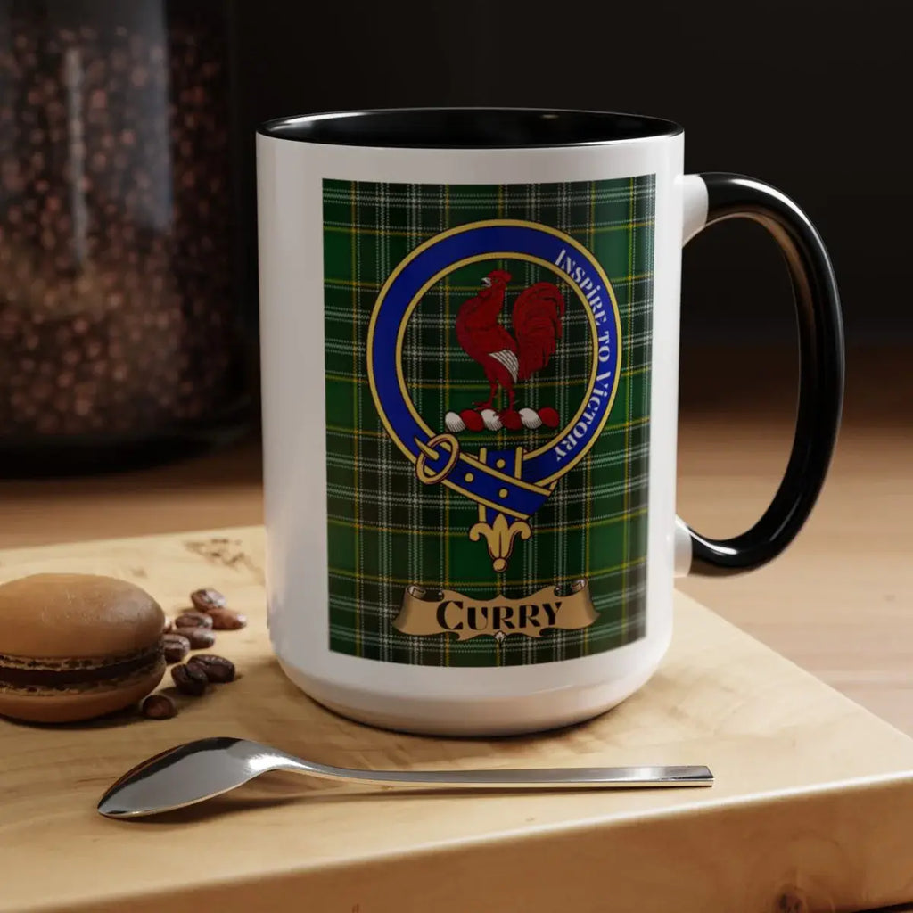 Close-up of the Curry clan crest printed on a ceramic mug
